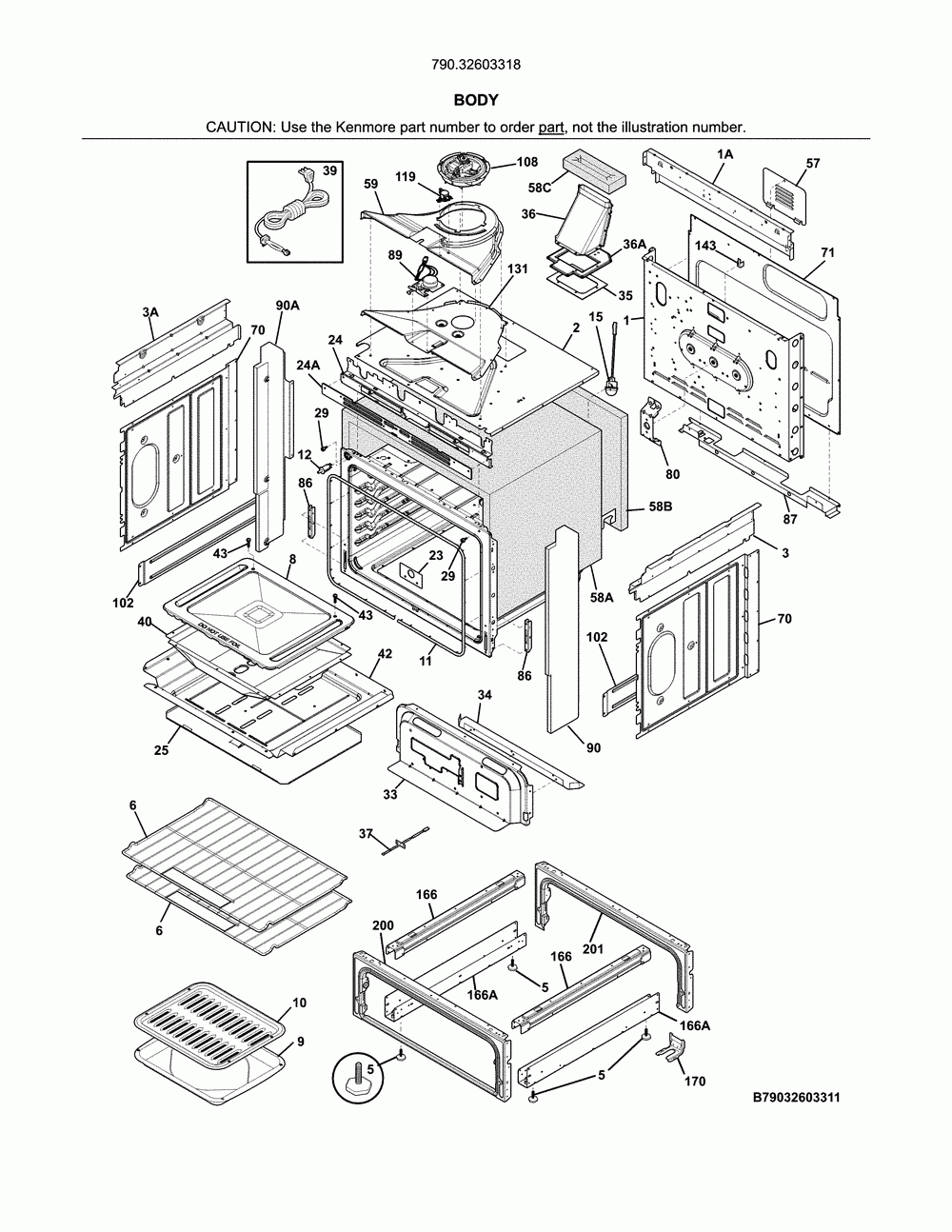 Body Diagram and Parts List for 79032603318  Kenmore Range