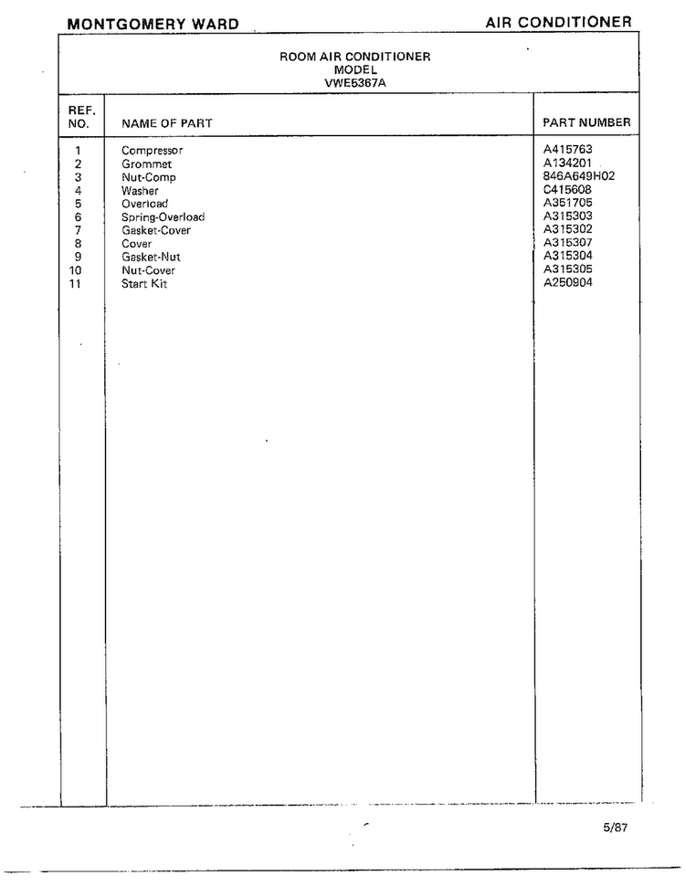 Room Air Conditioner Page 8 Diagram and Parts List for 5367A  Frigidaire Air Conditioner
