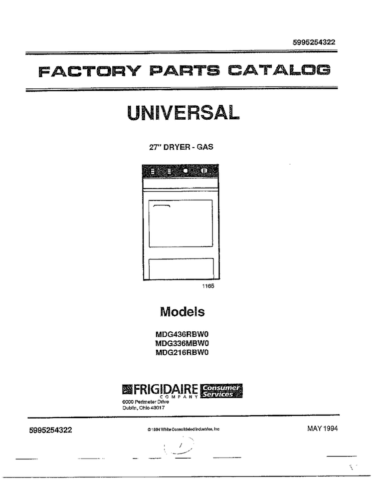 27" Dryer-gas/front Cover Diagram and Parts List for MGD436RBW0  Frigidaire Dryer