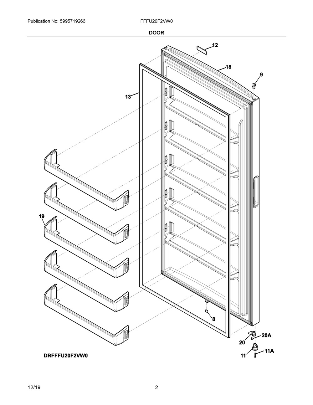 Door Diagram and Parts List for FFFU20F2VW0  Frigidaire Freezer