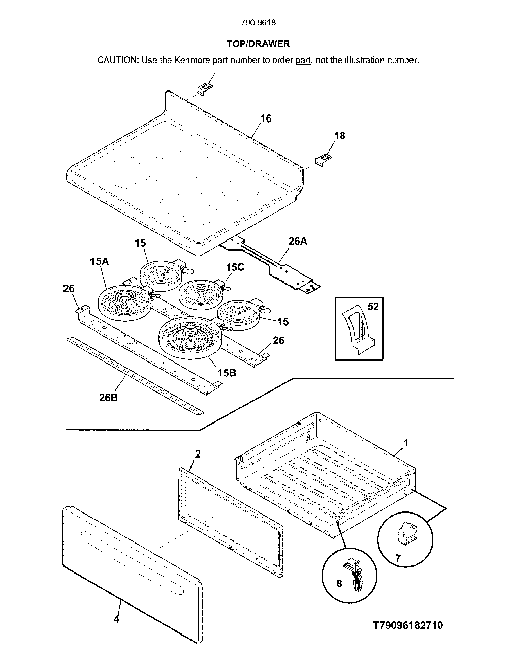 Top/drawer Diagram and Parts List for 79096182714  Kenmore Range