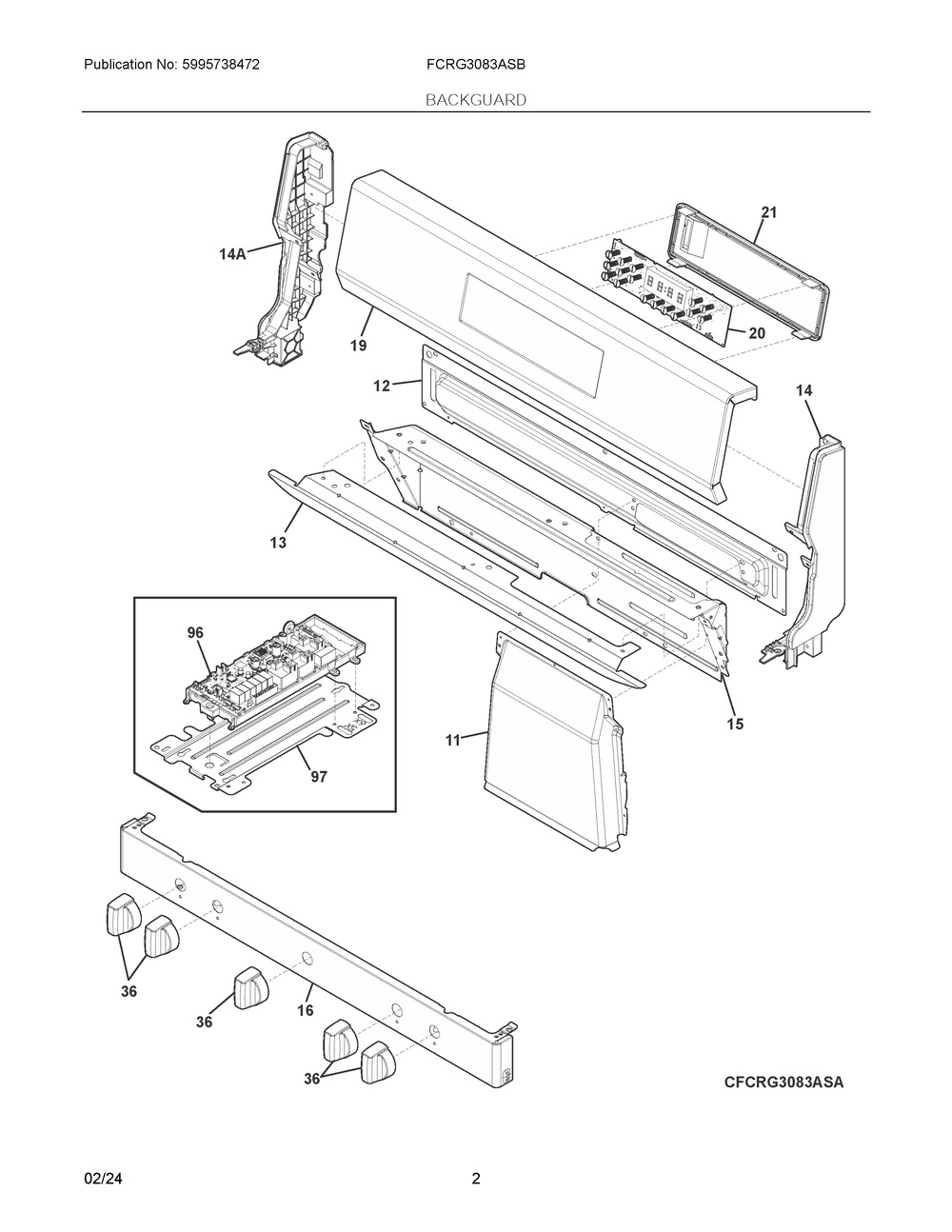 Backguard Diagram and Parts List for FCRG3083ASB  Frigidaire Range