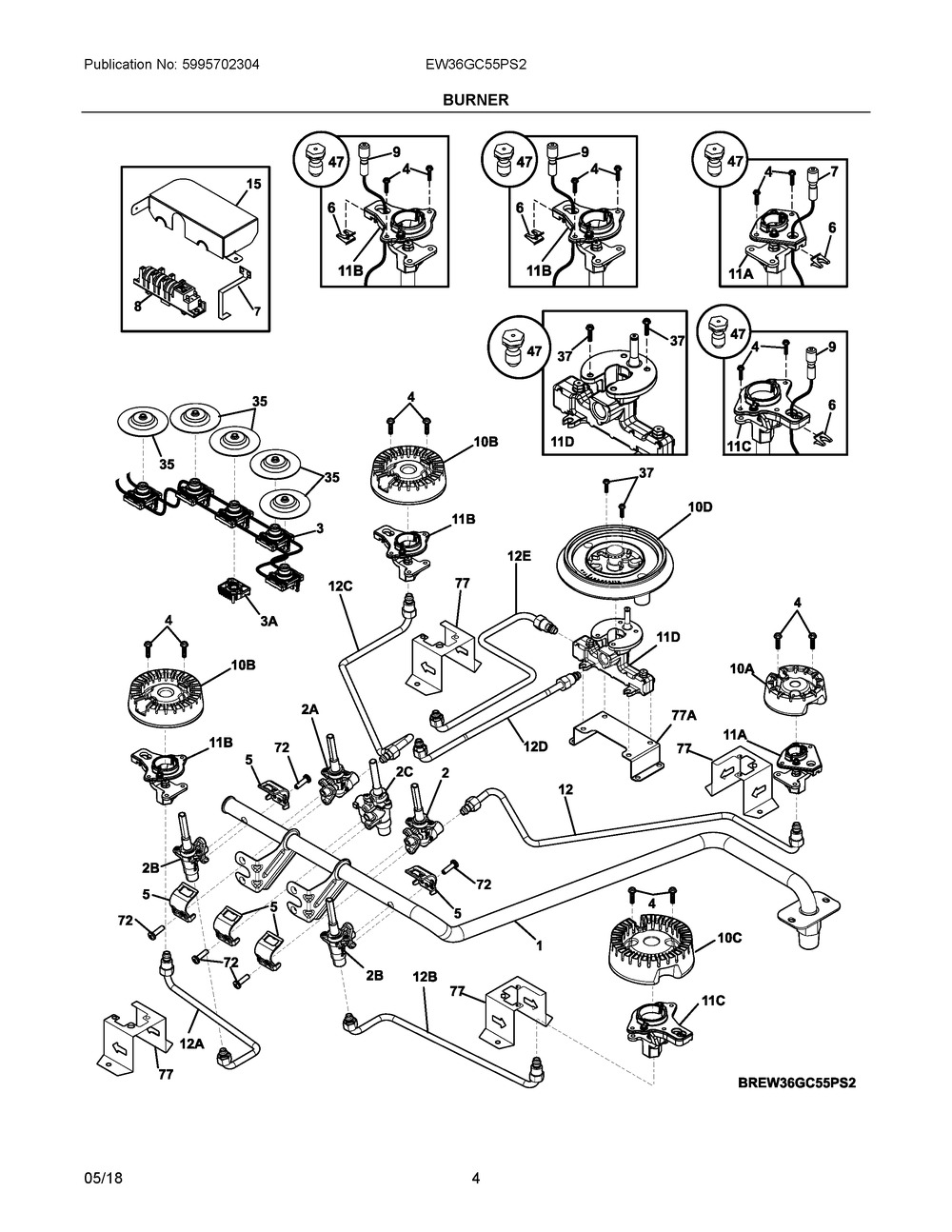 Burner Diagram and Parts List for EW36GC55PS2  Frigidaire Cooktop
