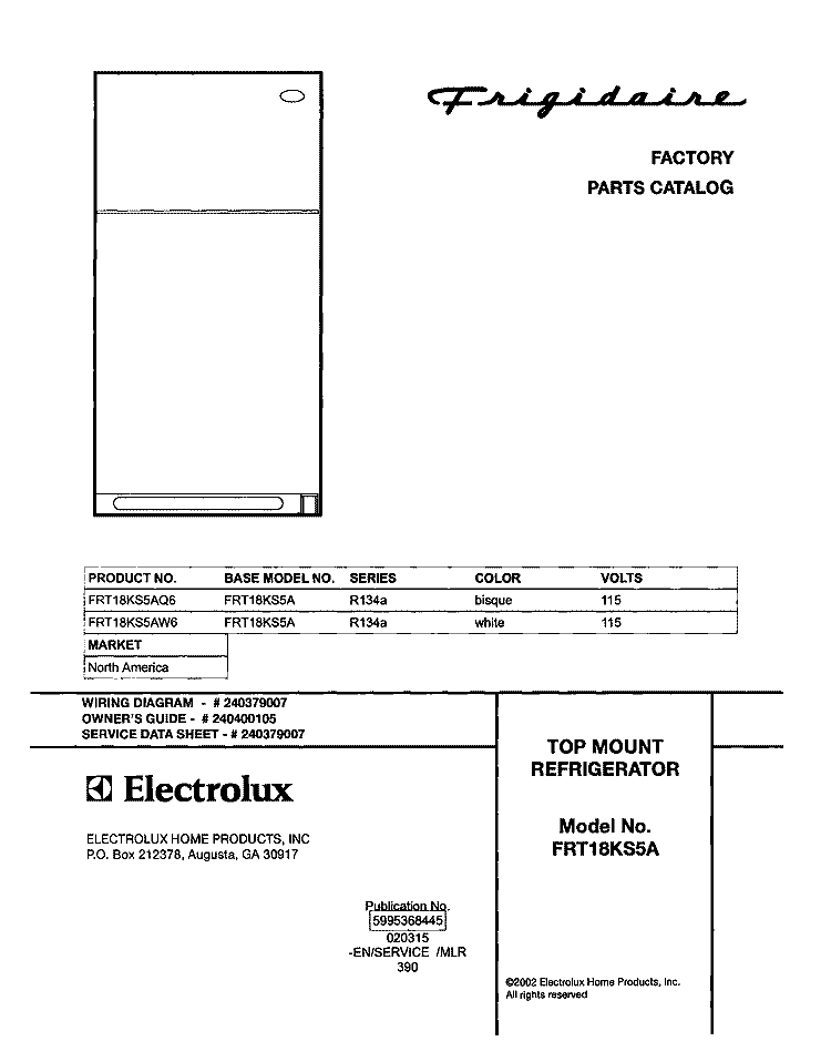 COVER Diagram and Parts List for FRT18KS5AW6  Frigidaire Refrigerator