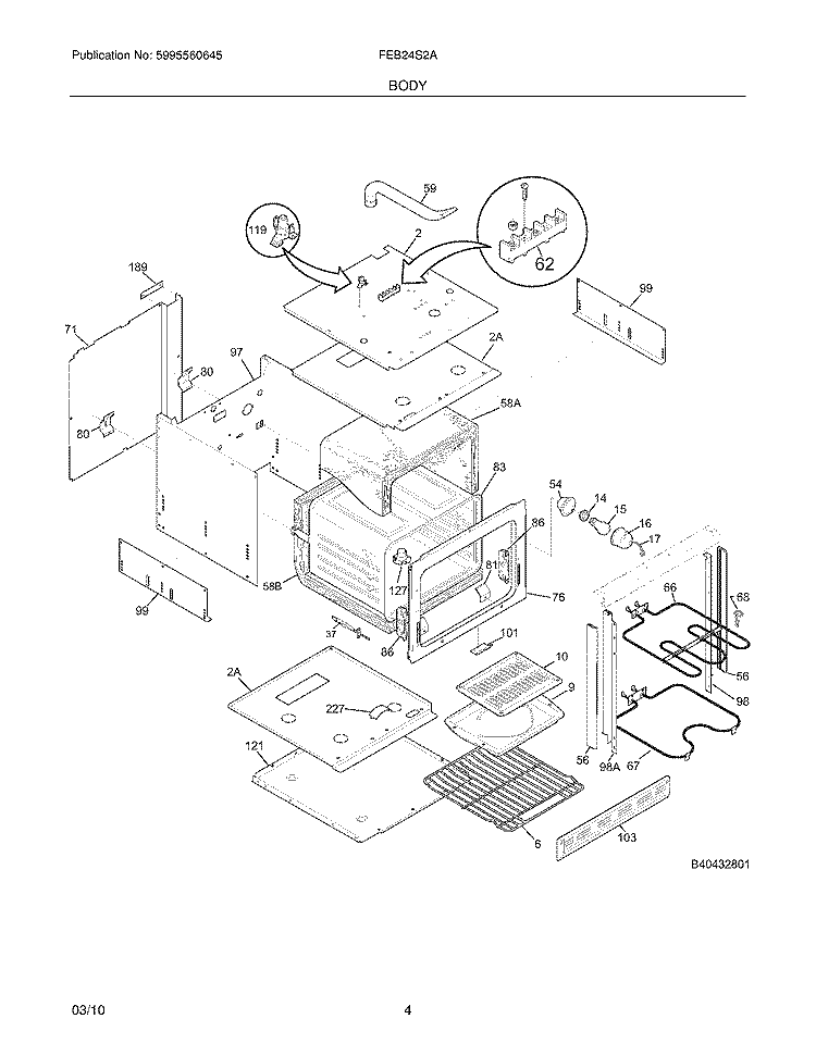 BODY Diagram and Parts List for FEB24S2ABE  Frigidaire Wall Oven