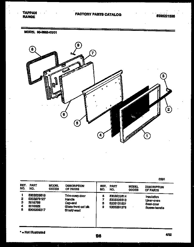 DOOR PARTS Diagram and Parts List for 30-3852-00-01  Tappan Range