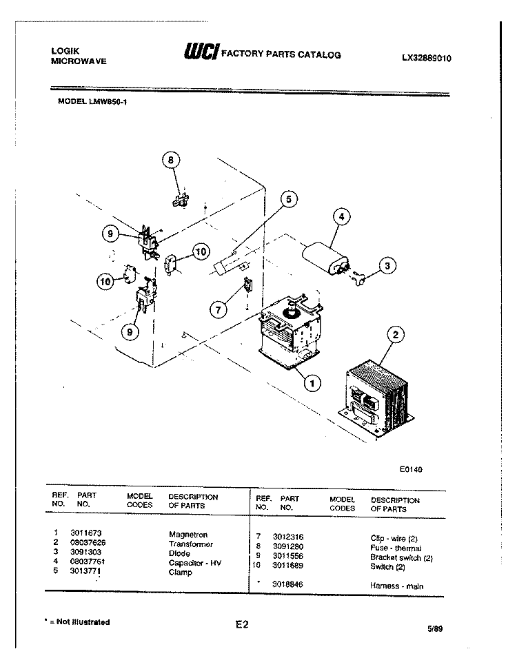 TRANSFORMER Diagram and Parts List for LMW850-1  Frigidaire Microwave