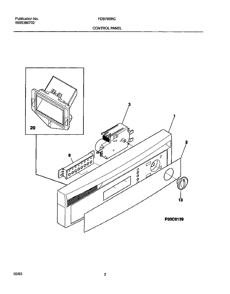 CONTROL PANEL Diagram and Parts List for FDB780RCQ0  Frigidaire Dishwasher
