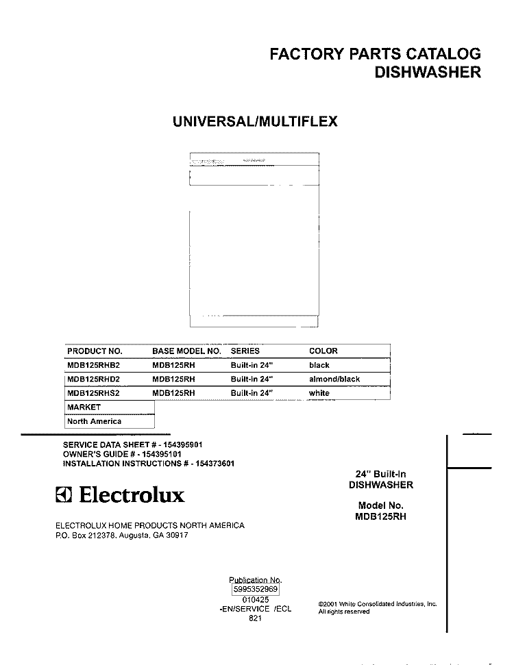 COVER Diagram and Parts List for MDB125RHD2  Uni Dishwasher