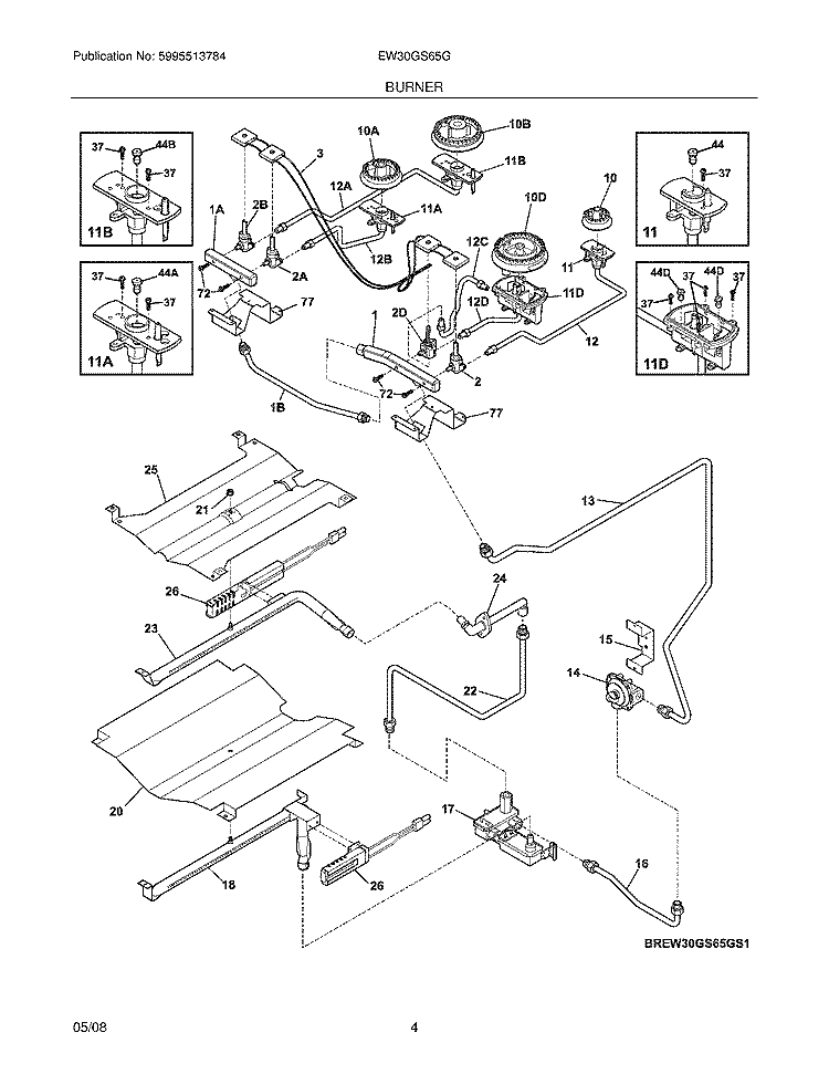 BURNER Diagram and Parts List for EW30GS65GB2  Electrolux Range