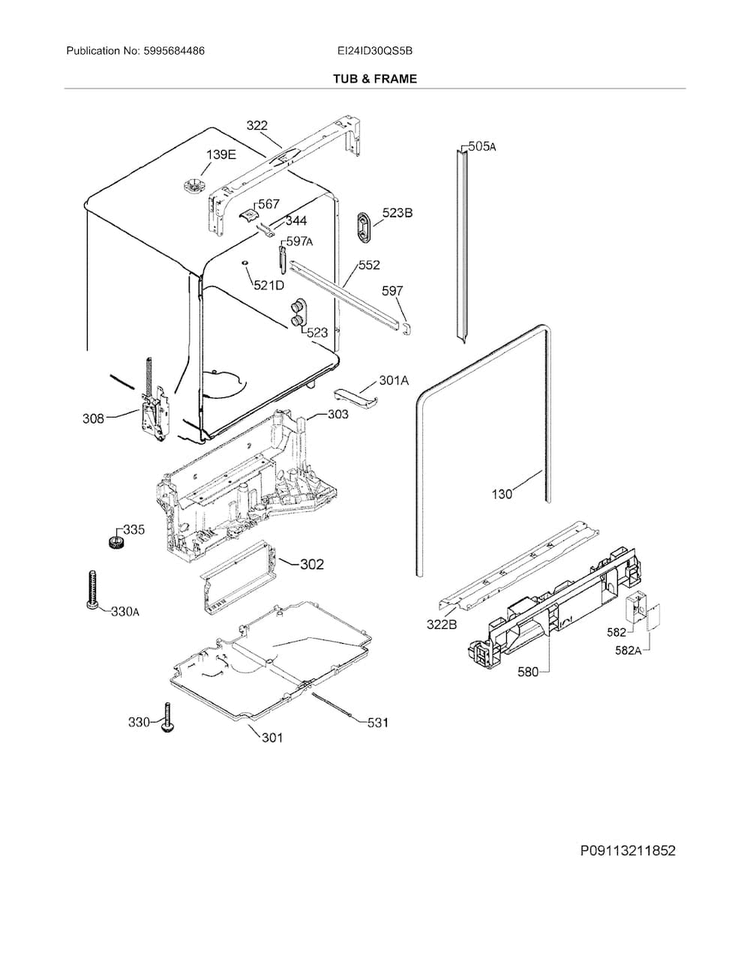Tub & Frame Diagram and Parts List for EI24ID30QS5B  Electrolux Dishwasher