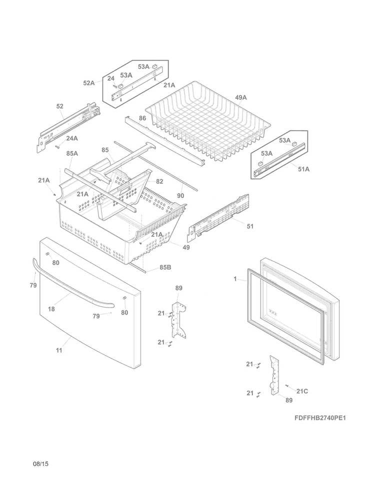Freezer Drawer, Baskets Diagram and Parts List for FFHB2740PE6A  Frigidaire Refrigerator