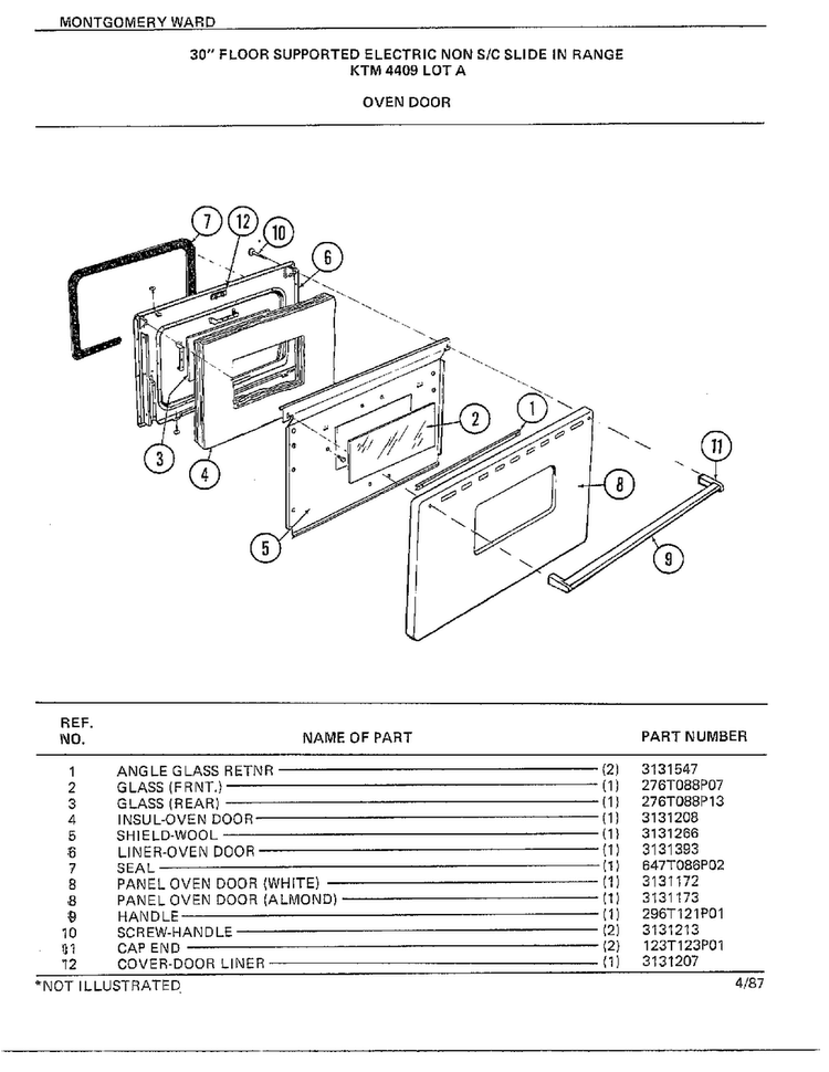 30" Floor Supported Elec Oven Door Diagram and Parts List for 4409A  Frigidaire Range
