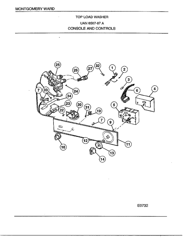 Top Load Washer/ Console And Controls Diagram and Parts List for 6507-87A  Frigidaire Washer