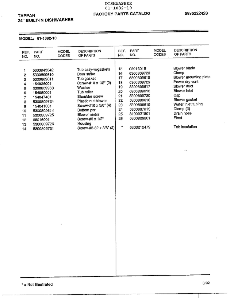 24" Built-in Dishwasher Page 6 Diagram and Parts List for 61-1082-10  Tappan Dishwasher