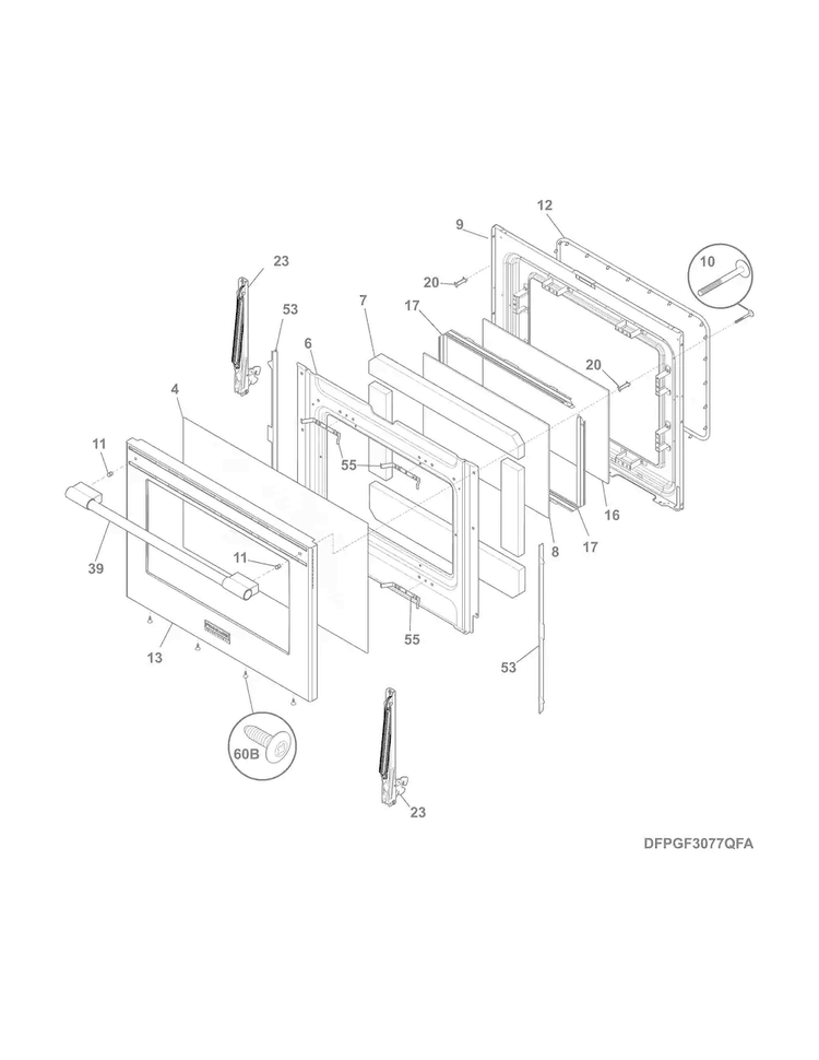 Door Diagram and Parts List for FPGF3077QFA  Frigidaire Range