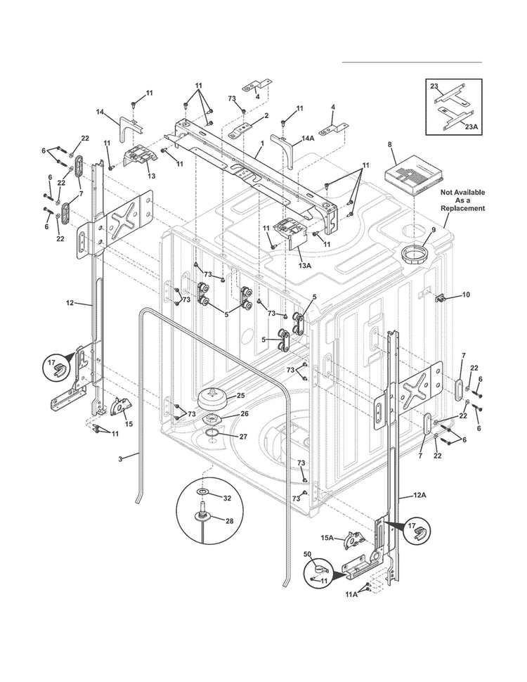 Upper Frame/tub Diagram and Parts List for EWDW6505GW1C  Electrolux Dishwasher