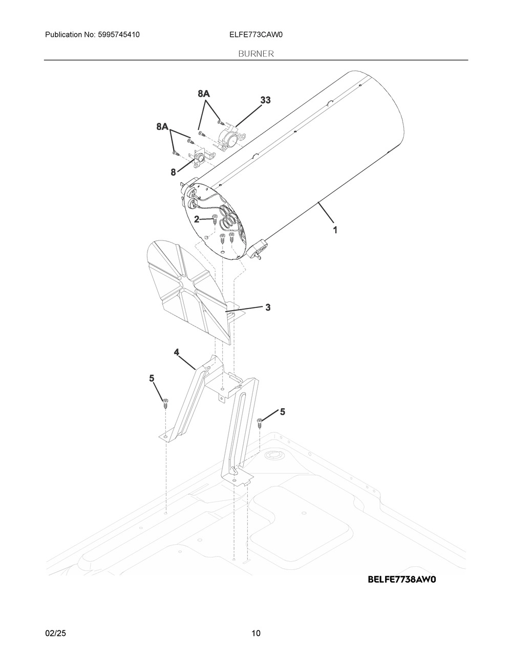 Burner Diagram and Parts List for ELFE773CAW0  Frigidaire Dryer