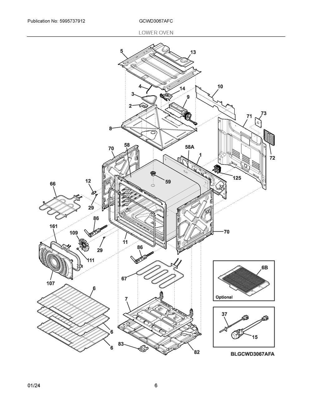 Lower Oven Diagram and Parts List for GCWD3067AFC  Frigidaire Wall Oven