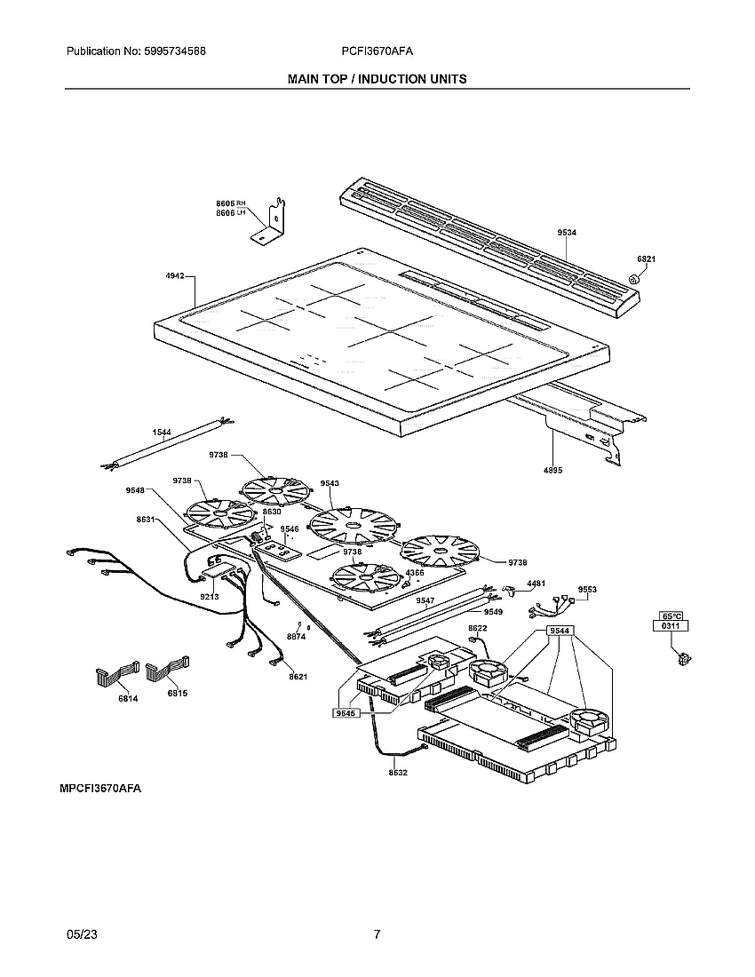 Main Top/Induction Units Diagram and Parts List for PCFI3670AFA  Frigidaire Range