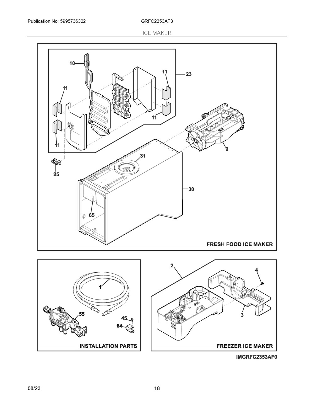 Ice Maker Diagram and Parts List for GRFC2353AF3  Frigidaire Refrigerator