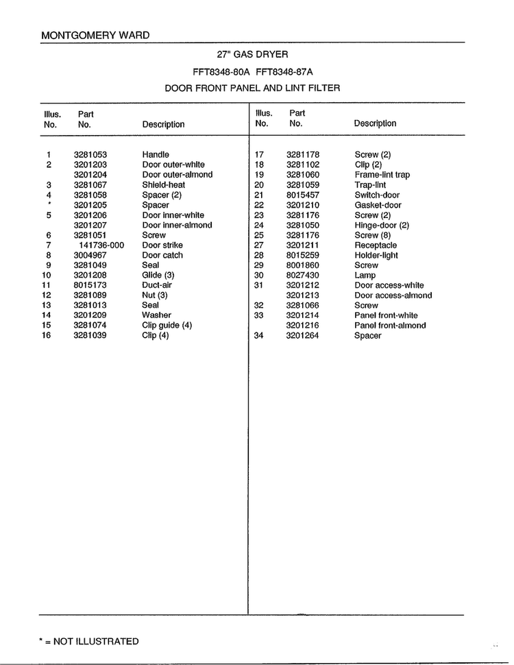 Door Front Panel And Lint Filter Page 2 Diagram and Parts List for 8348A  Frigidaire Dryer