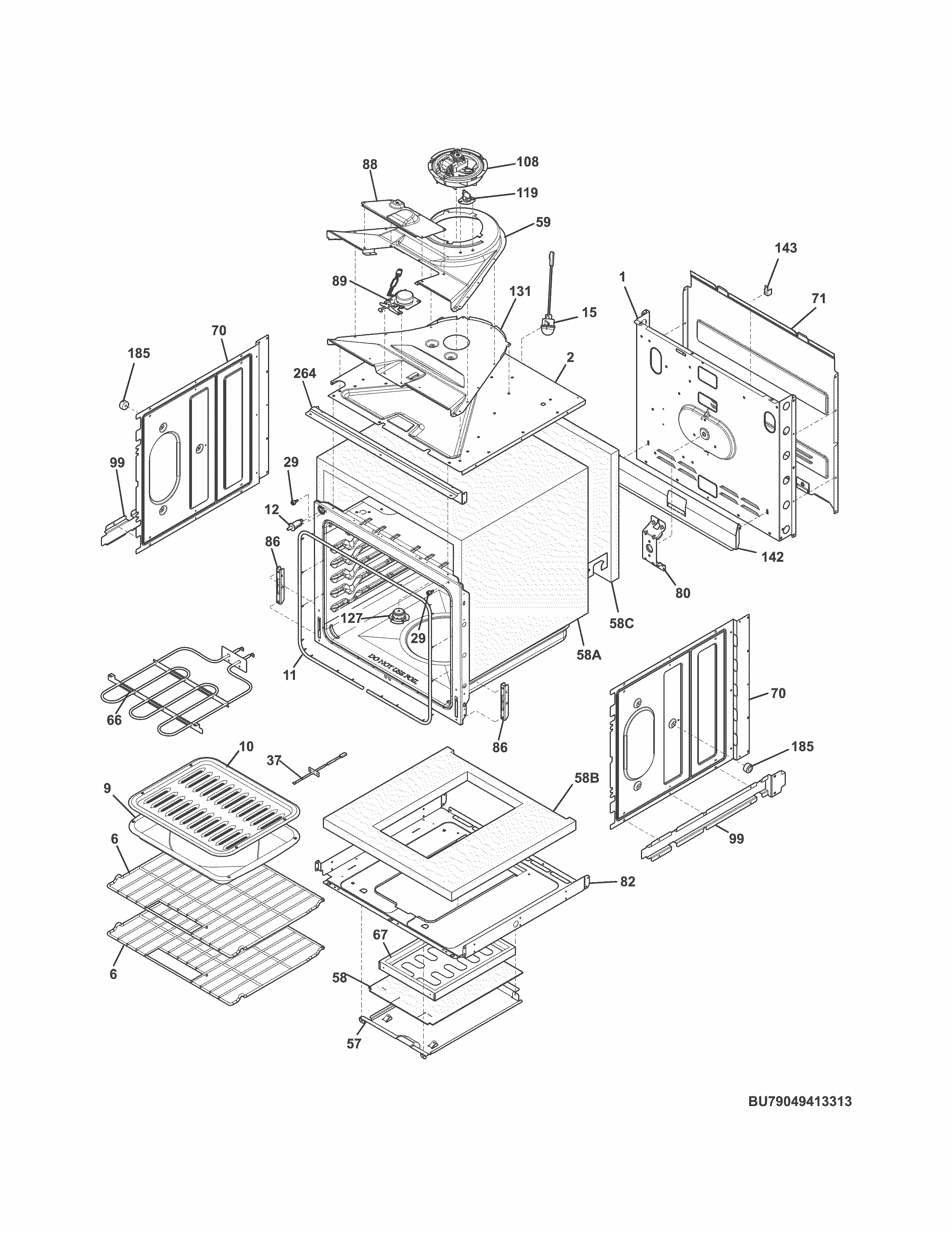 Upper Oven Diagram and Parts List for 79049412313  Kenmore Wall Oven