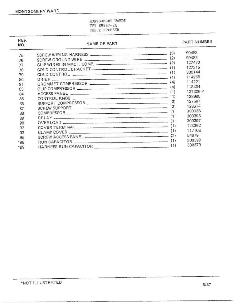 Chest Freezer Page 3 Diagram and Parts List for 89967-7A  Frigidaire Freezer