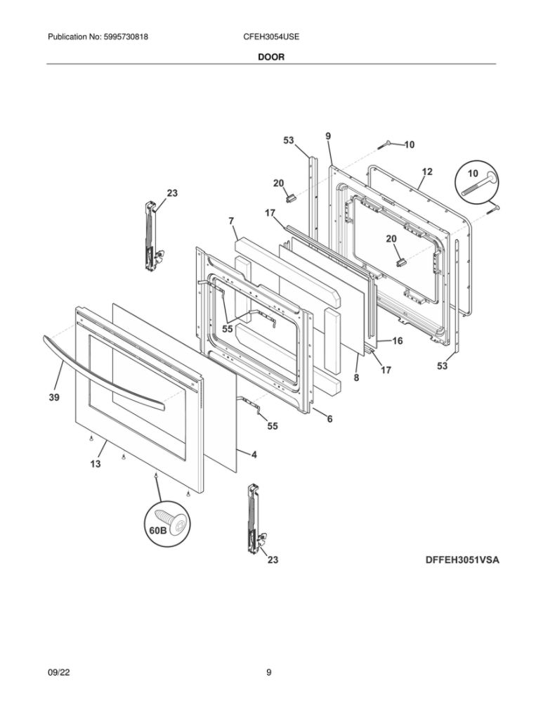 Door Diagram and Parts List for CFEH3054USE  Frigidaire Range