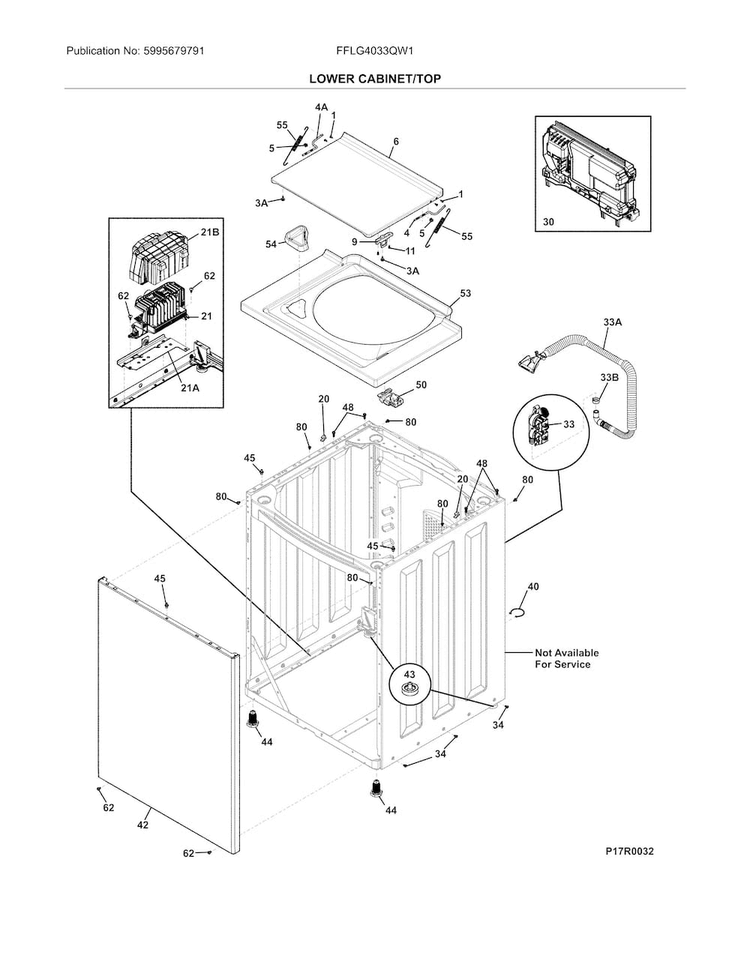 Lower Cabinet/top Diagram and Parts List for FFLG4033QW1  Frigidaire Washer Dryer Combo