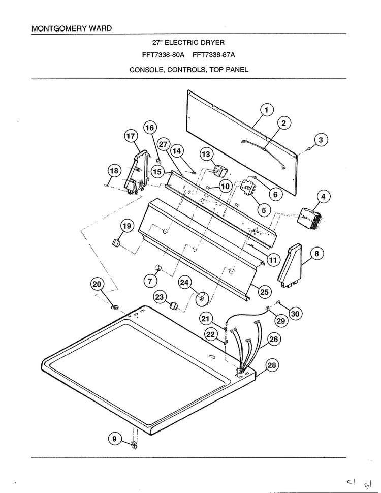 Electric Dryer/console-controls-top Panel Diagram and Parts List for 7338A  Frigidaire Dryer