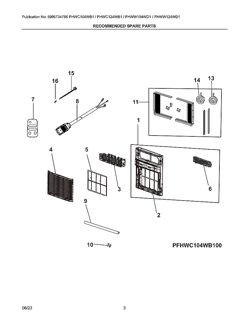 Recommended Spare Parts Diagram and Parts List for FHWC104WB100  Electrolux Air Conditioner