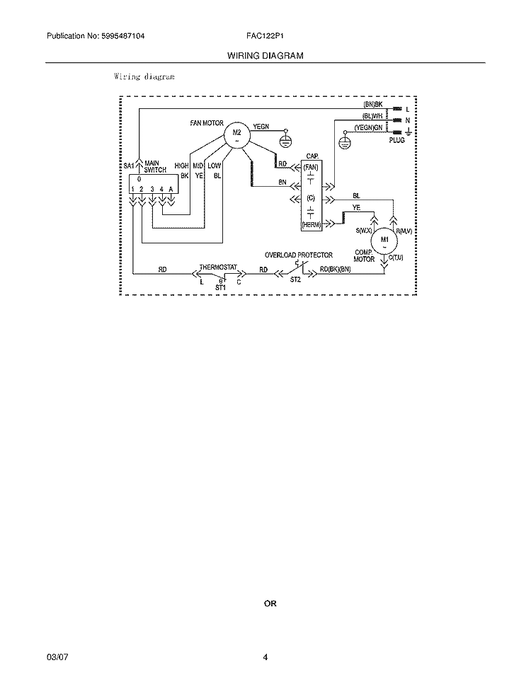 WIRING DIAGRAM Diagram and Parts List for FAC122P1AENG2  Frigidaire Air Conditioner