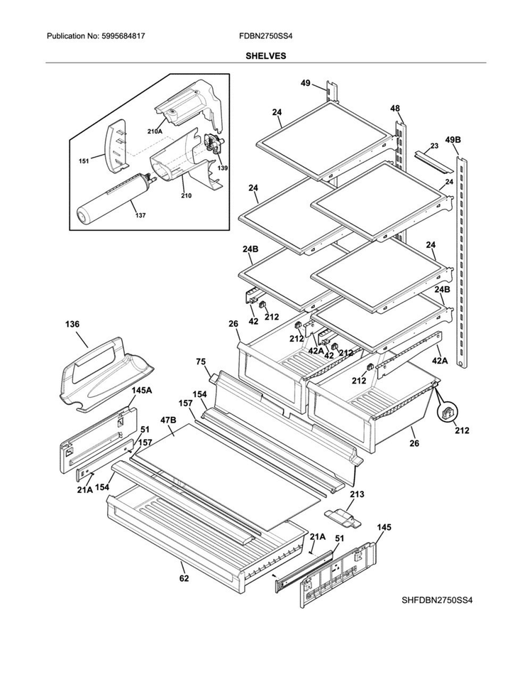Shelves Diagram and Parts List for FDBN2750SS4  Frigidaire Refrigerator