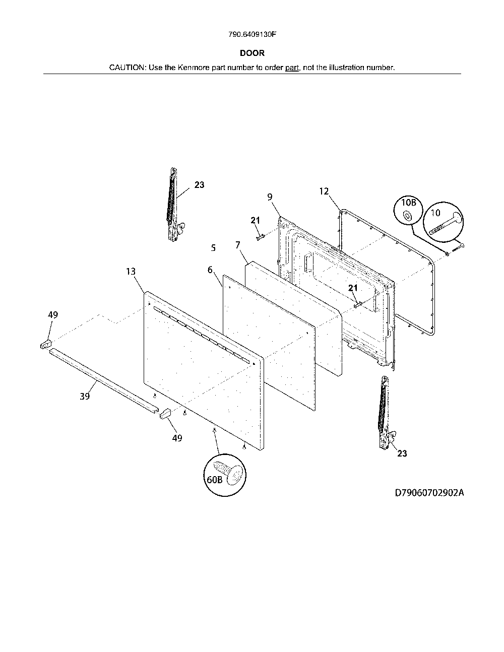Door Diagram and Parts List for 7906409130F  Kenmore Range