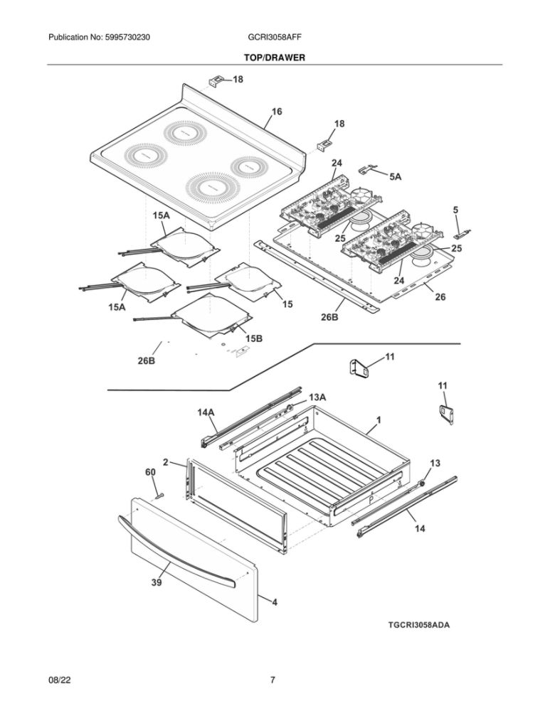 Top/Drawer Diagram and Parts List for GCRI3058AFF  Frigidaire Range