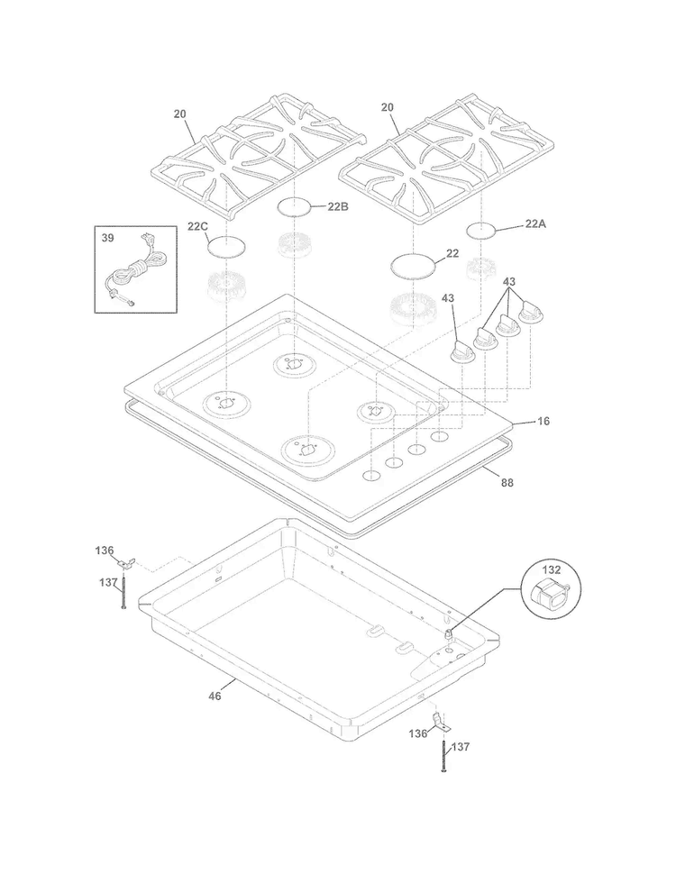 Cooktop Diagram and Parts List for FGGC3045KWC  Frigidaire Cooktop