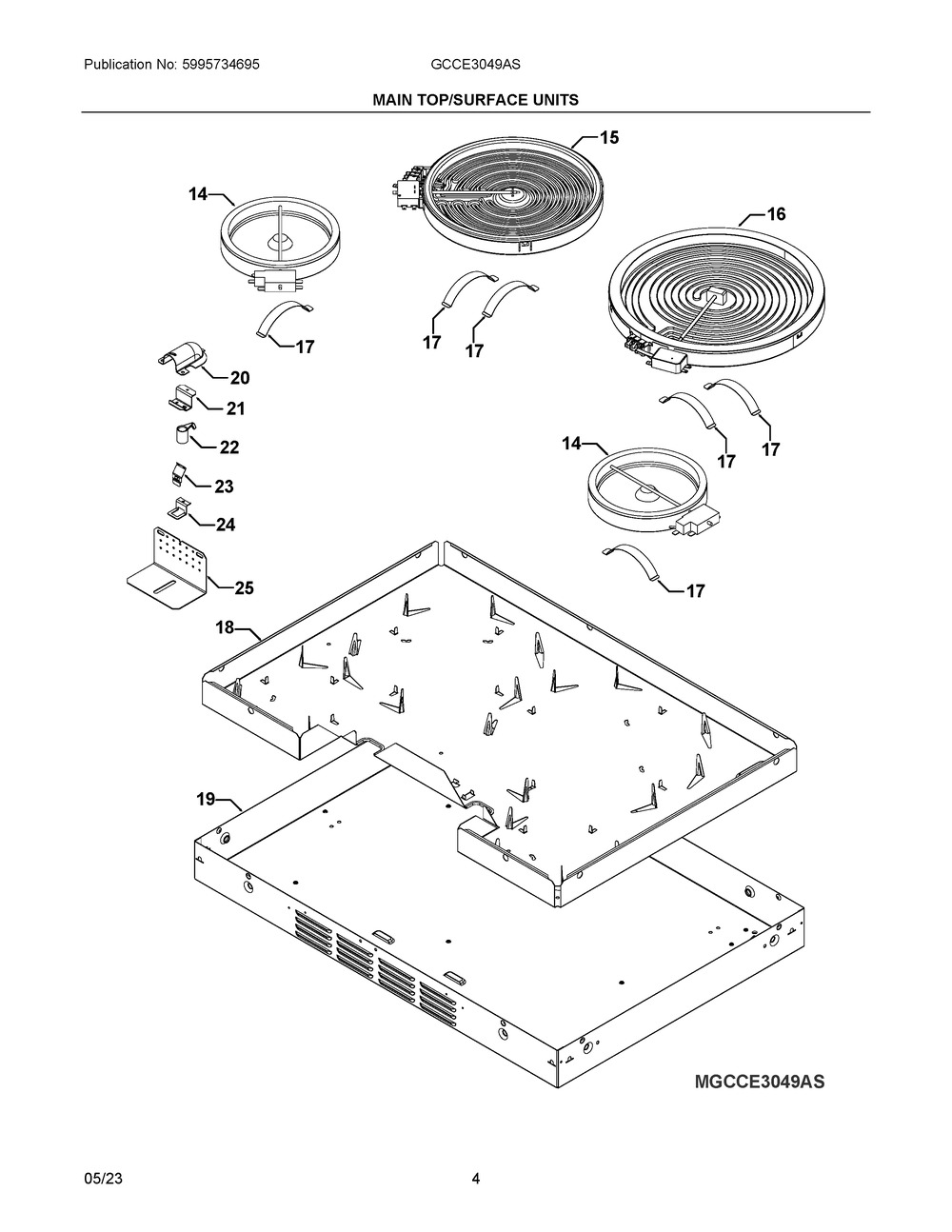 Main Top/Surface Units Diagram and Parts List for GCCE3049AS  Frigidaire Cooktop
