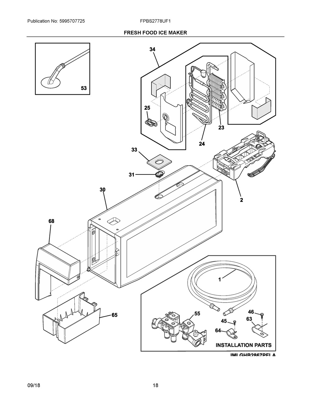 Fresh Food Ice Maker Diagram and Parts List for FPBS2778UF1  Frigidaire Refrigerator