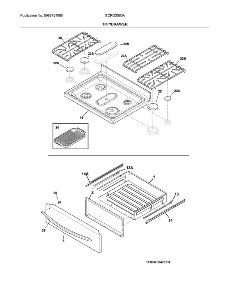 Top/Drawer Diagram and Parts List for GCRG3060AFC  Frigidaire Range
