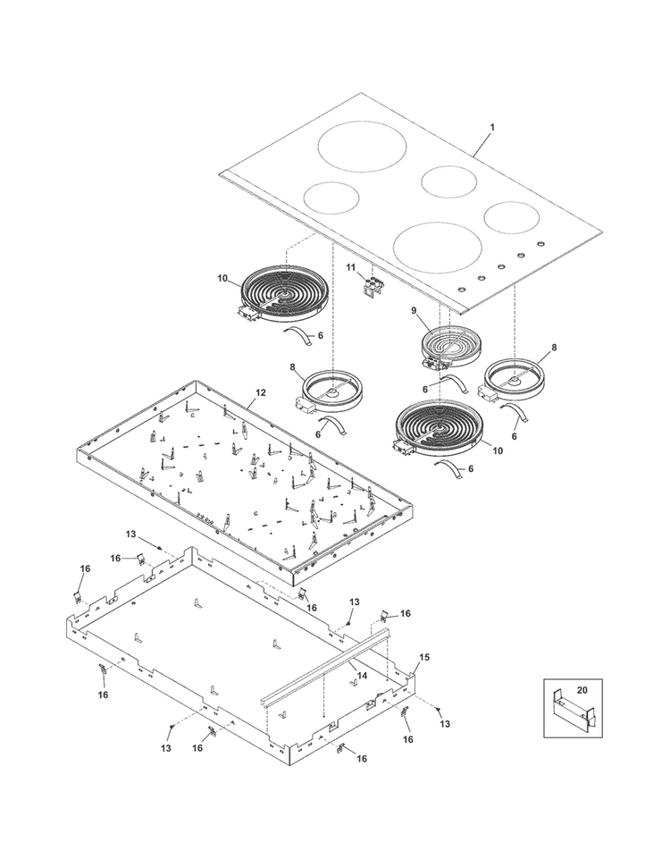 Main Top/surface Units Diagram and Parts List for FFEC3624PSA  Frigidaire Cooktop