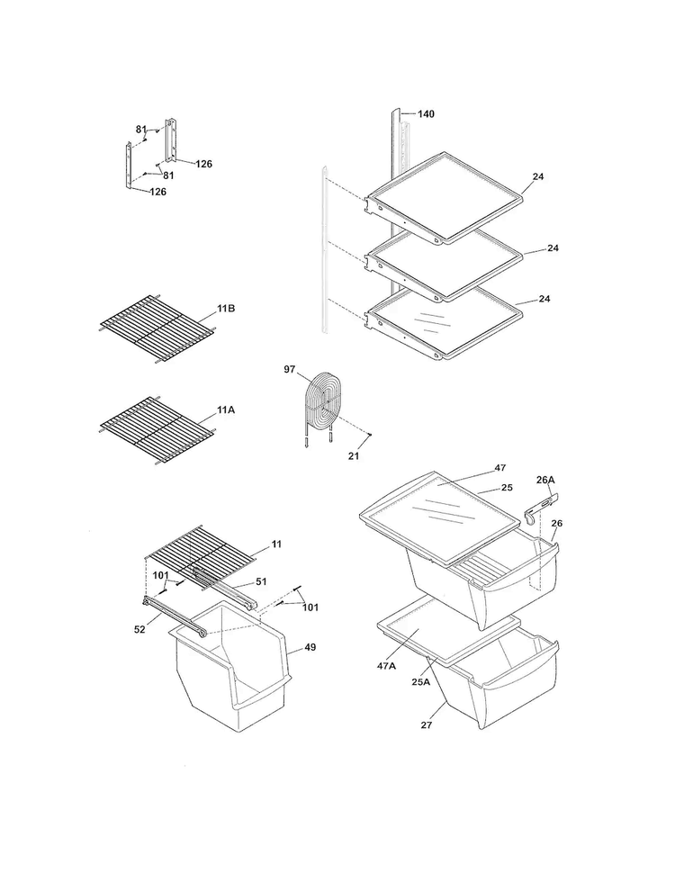 Shelves Diagram and Parts List for FFHS2622MSS  Frigidaire Refrigerator