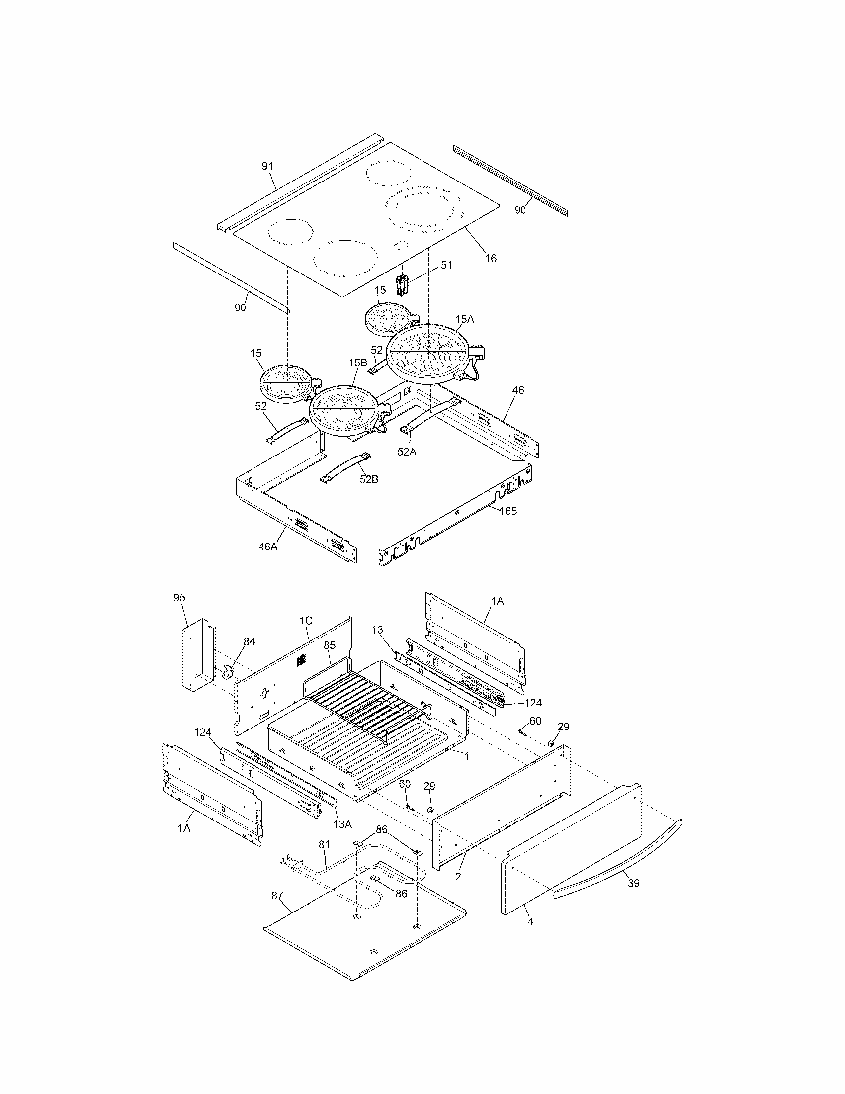 Top/drawer Diagram and Parts List for 79046892905  Kenmore Range