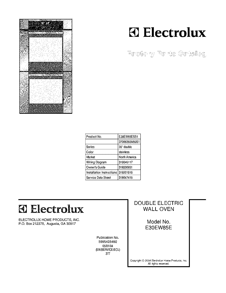 COVER Diagram and Parts List for E30EW85ESS1  Electrolux Wall Oven