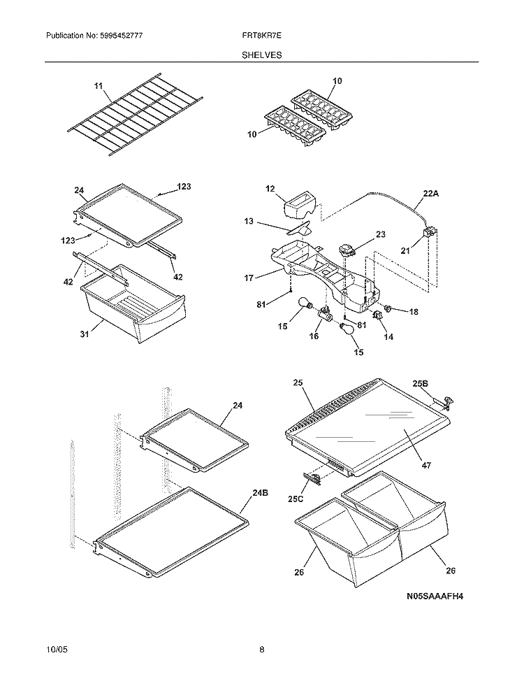 SHELVES Diagram and Parts List for FRT18KR7EW6  Frigidaire Refrigerator