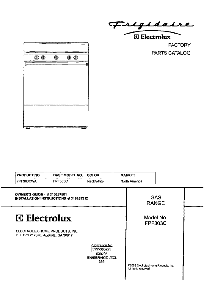 COVER Diagram and Parts List for FPF303CWA  Frigidaire Range
