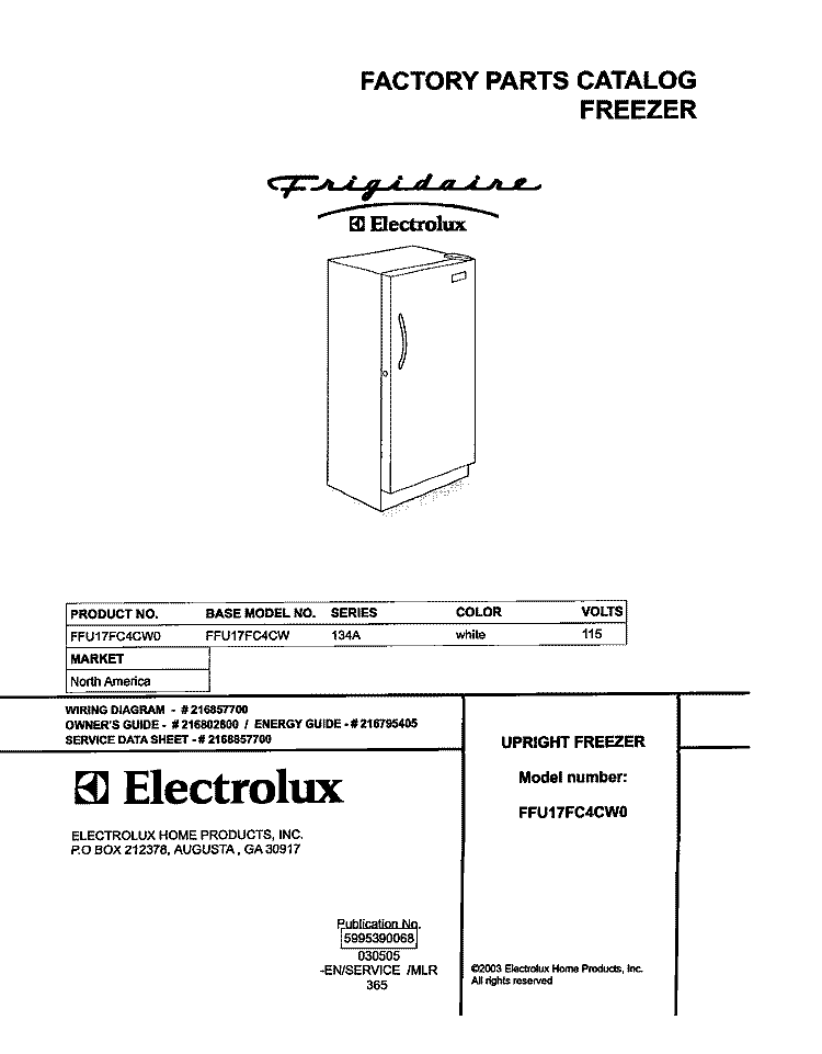 COVER Diagram and Parts List for FFU17FC4CW0  Frigidaire Freezer