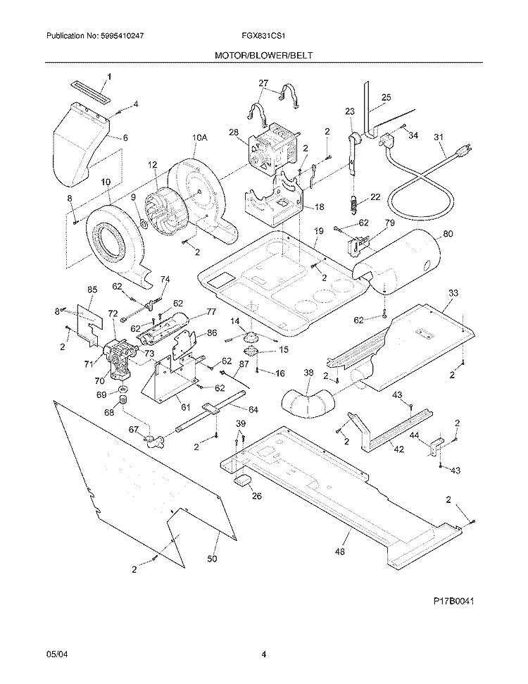MOTOR / BLOWER / BELT Diagram and Parts List for FGX831CS1  Frigidaire Washer Dryer Combo