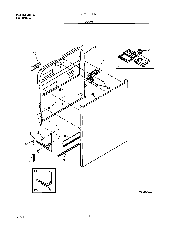 DOOR Diagram and Parts List for FDB101SAW0  Frigidaire Dishwasher