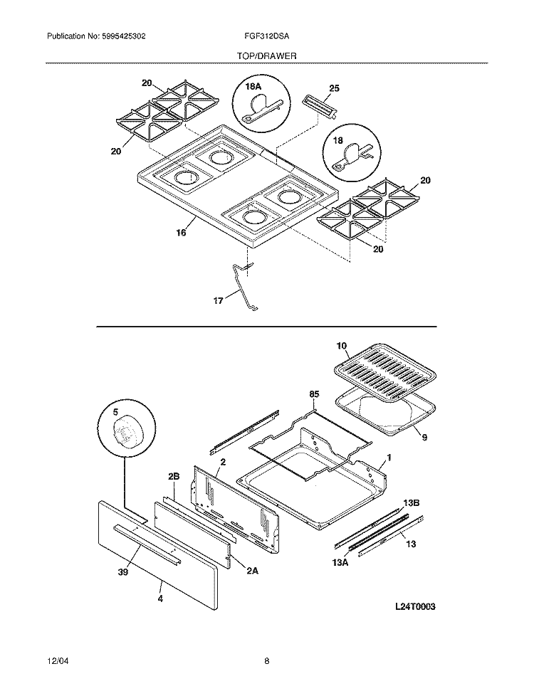 TOP / DRAWER Diagram and Parts List for FGF312DSA  Frigidaire Range